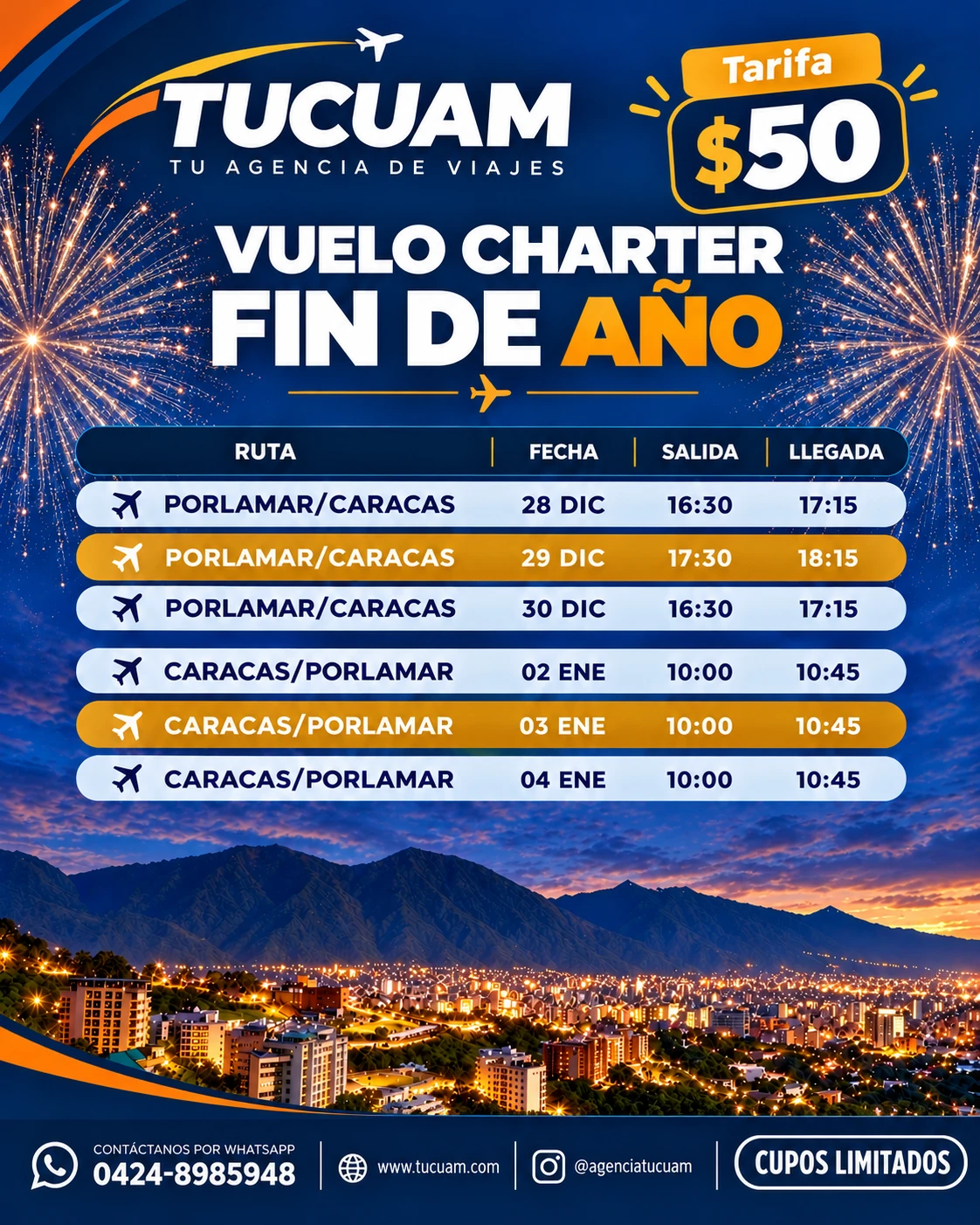 Vuelo charter Fin de Año: Porlamar–Caracas a USD 50